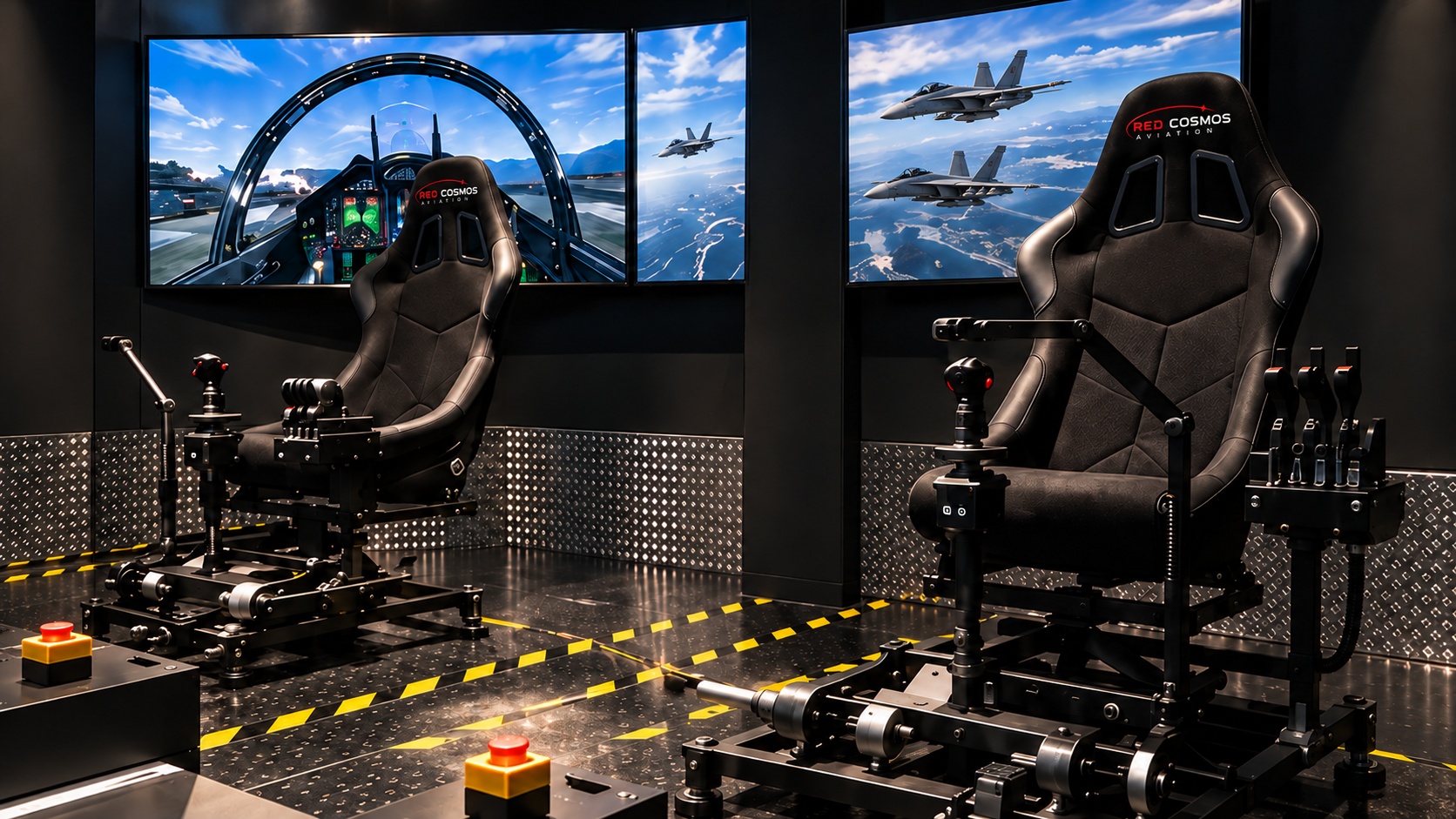Two flight-simulator stations with fighter-aircraft displays