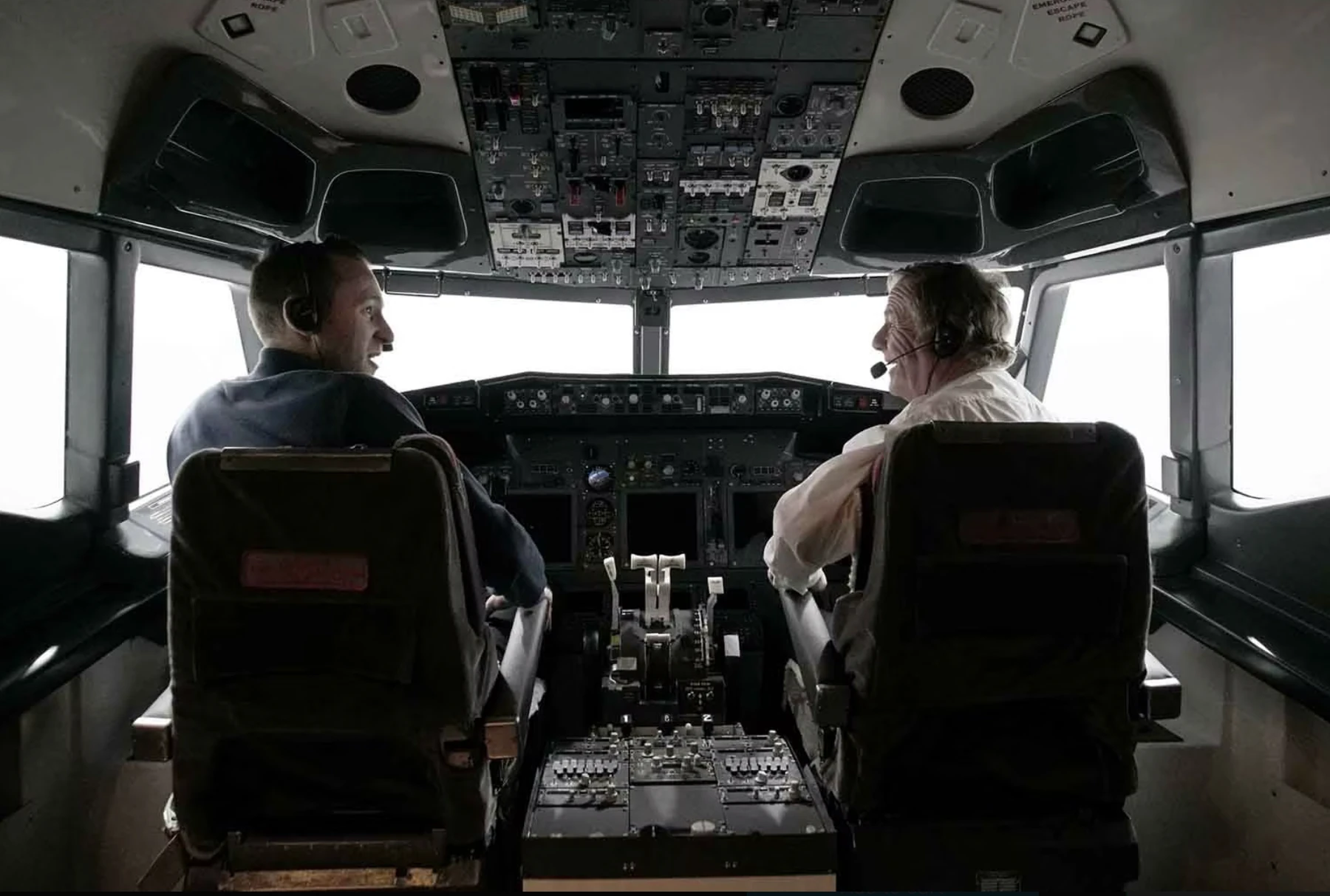 Two-person cockpit view of the completed 737 simulator